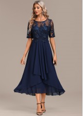 Short Sleeve Lace Navy Round Neck Dress