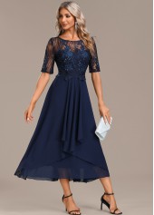 Short Sleeve Lace Navy Round Neck Dress