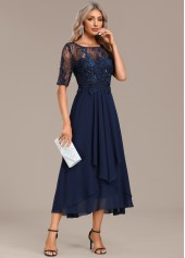 Short Sleeve Lace Navy Round Neck Dress
