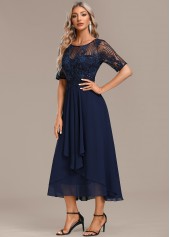 Short Sleeve Lace Navy Round Neck Dress