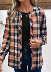 Orange Plus Size Button Plaid Long Sleeve Blouse