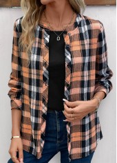 Orange Plus Size Button Plaid Long Sleeve Blouse
