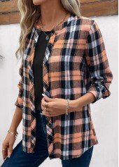Orange Plus Size Button Plaid Long Sleeve Blouse