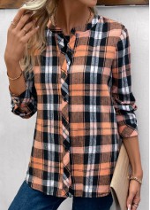 Orange Plus Size Button Plaid Long Sleeve Blouse
