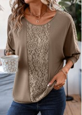 Patchwork Light Coffee Round Neck T Shirt
