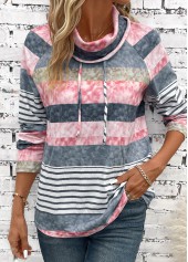 Striped Drawstring Multi Color Long Sleeve Cowl Neck Sweatshirt