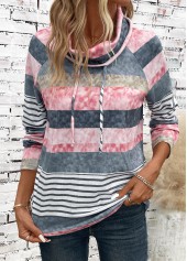 Striped Drawstring Multi Color Long Sleeve Cowl Neck Sweatshirt