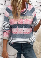 Striped Drawstring Multi Color Long Sleeve Cowl Neck Sweatshirt