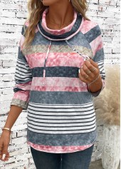 Striped Drawstring Multi Color Long Sleeve Cowl Neck Sweatshirt