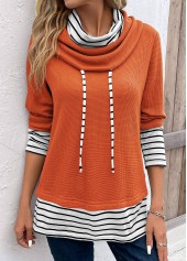 Striped Patchwork Orange Cowl Neck Long Sleeve Sweatshirt