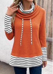 Striped Patchwork Orange Cowl Neck Long Sleeve Sweatshirt