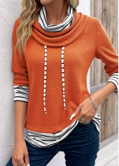Striped Patchwork Orange Cowl Neck Long Sleeve Sweatshirt