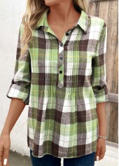 Plaid Tuck Stitch Multi Color Shirt Collar Blouse