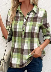 Plaid Tuck Stitch Multi Color Shirt Collar Blouse