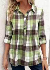 Plaid Tuck Stitch Multi Color Shirt Collar Blouse