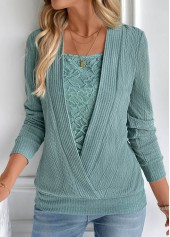 Fake 2in1 Turquoise Square Neck Long Sleeve Sweatshirt