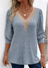 Dusty Blue V Neck Long Sleeve Lace T Shirt