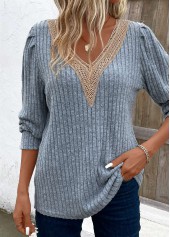 Dusty Blue V Neck Long Sleeve Lace T Shirt