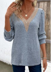Dusty Blue V Neck Long Sleeve Lace T Shirt
