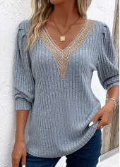 Dusty Blue V Neck Long Sleeve Lace T Shirt