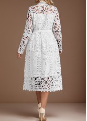 Lace Belted White Stand Collar Long Sleeve Dress | Rosewe.com - USD $47.98