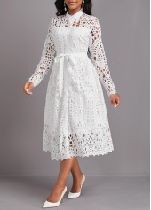 Lace Belted White Stand Collar Long Sleeve Dress | Rosewe.com - USD $47.98