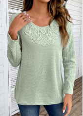 Patchwork Sage Green Round Neck Long Sleeve T Shirt