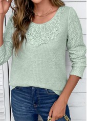 Patchwork Sage Green Round Neck Long Sleeve T Shirt