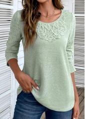 Patchwork Sage Green Round Neck Long Sleeve T Shirt