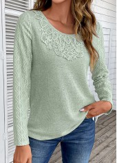 Patchwork Sage Green Round Neck Long Sleeve T Shirt