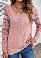 Tribal Print Lace Pink Round Neck T Shirt