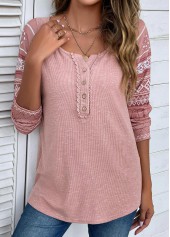 Tribal Print Lace Pink Round Neck T Shirt