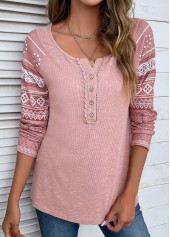 Tribal Print Lace Pink Round Neck T Shirt