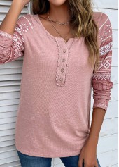 Tribal Print Lace Pink Round Neck T Shirt