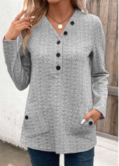 Pocket Light Grey Long Sleeve V Neck Sweatshirt