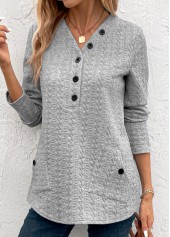 Pocket Light Grey Long Sleeve V Neck Sweatshirt