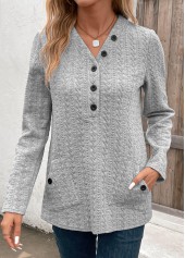 Pocket Light Grey Long Sleeve V Neck Sweatshirt
