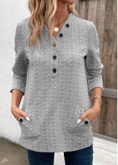 Pocket Light Grey Long Sleeve V Neck Sweatshirt