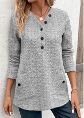 Pocket Light Grey Long Sleeve V Neck Sweatshirt