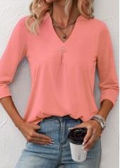 Circular Ring Split Neck Pink T Shirt