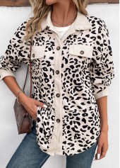 Leopard Patchwork Beige Shirt Collar Long Sleeve Coat