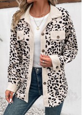 Leopard Patchwork Beige Shirt Collar Long Sleeve Coat