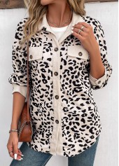Leopard Patchwork Beige Shirt Collar Long Sleeve Coat