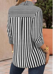 Striped Patchwork Black Shirt Collar Long Sleeve Blouse