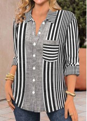 Striped Patchwork Black Shirt Collar Long Sleeve Blouse