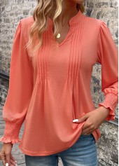Smocked Split Neck Long Sleeve Coral T Shirt