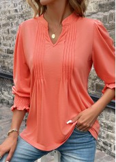 Smocked Split Neck Long Sleeve Coral T Shirt