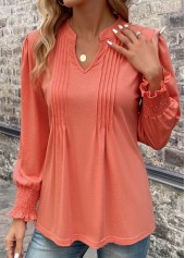 Smocked Split Neck Long Sleeve Coral T Shirt