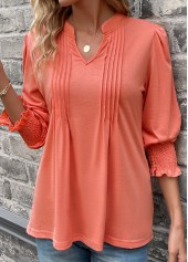 Smocked Split Neck Long Sleeve Coral T Shirt