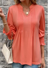 Smocked Split Neck Long Sleeve Coral T Shirt